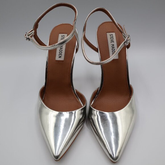 Steve Madden Pizzel Ankle Strap Stiletto Women's Size 8.5 Silver Chrome - Picture 3 of 9